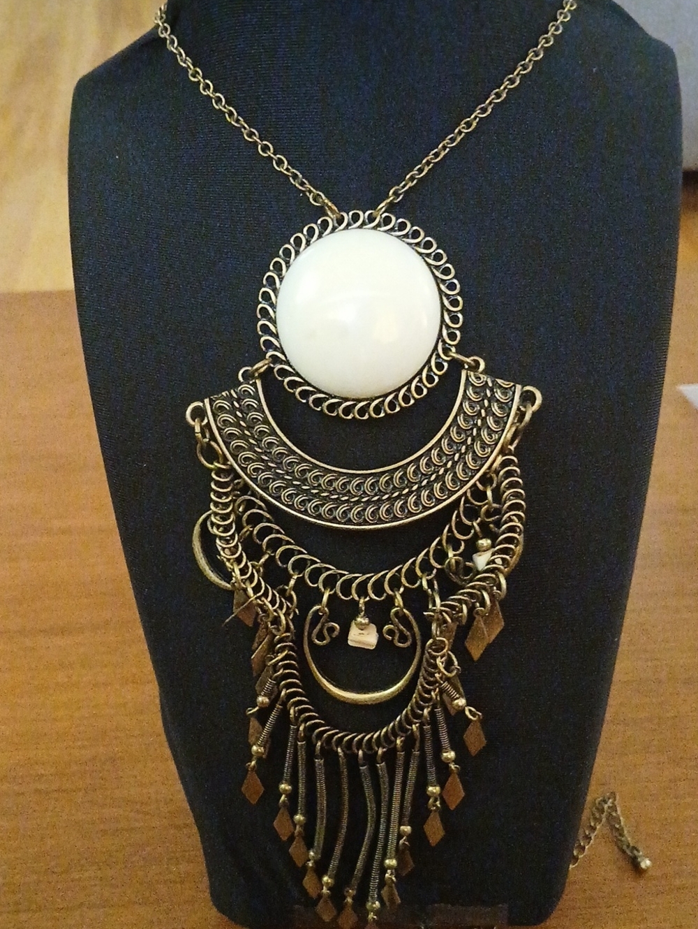 Bohemian White Cabochon Pendant  Brass Color Dangles 32" Necklace